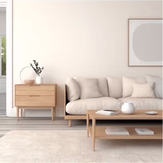 Sala de estar minimalista com sofá bege, mesa de centro de madeira com jarra branca e estante lateral com vaso e planta.