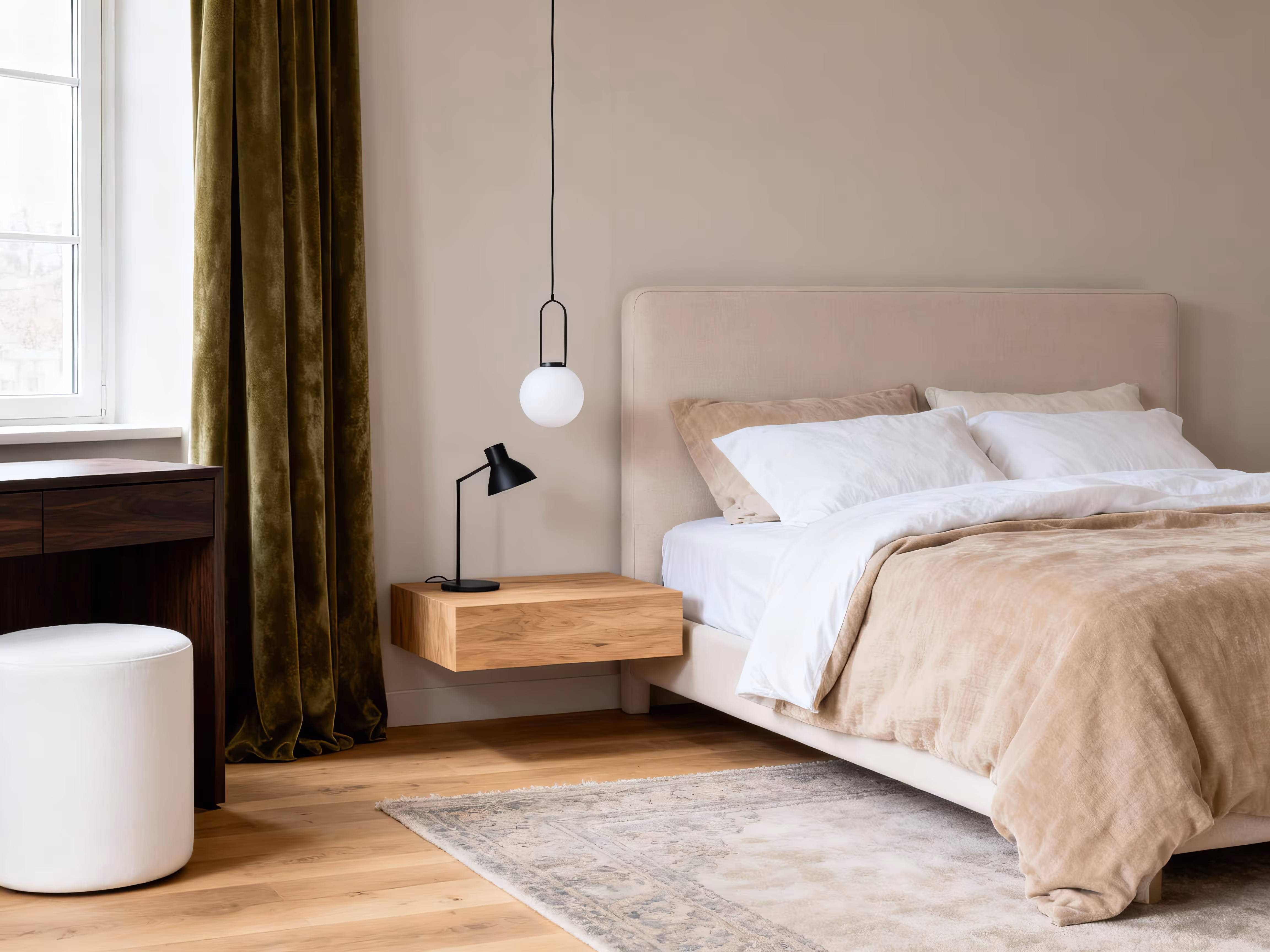 Quarto moderno com cama king-size bege, mesa de cabeceira suspensa de madeira, luminária preta e cortina verde musgo ao lado da janela.