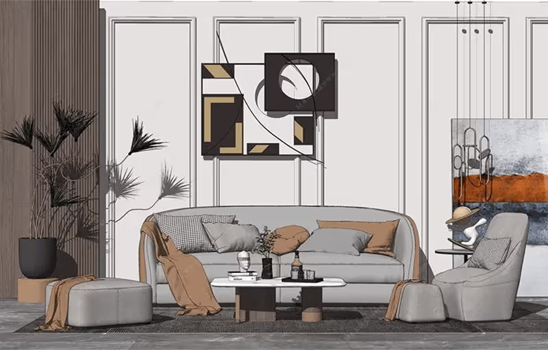 Sala de estar moderna com sofá cinza, poltrona, pufe, mesa de centro branca, arte abstrata na parede e plantas decorativas.