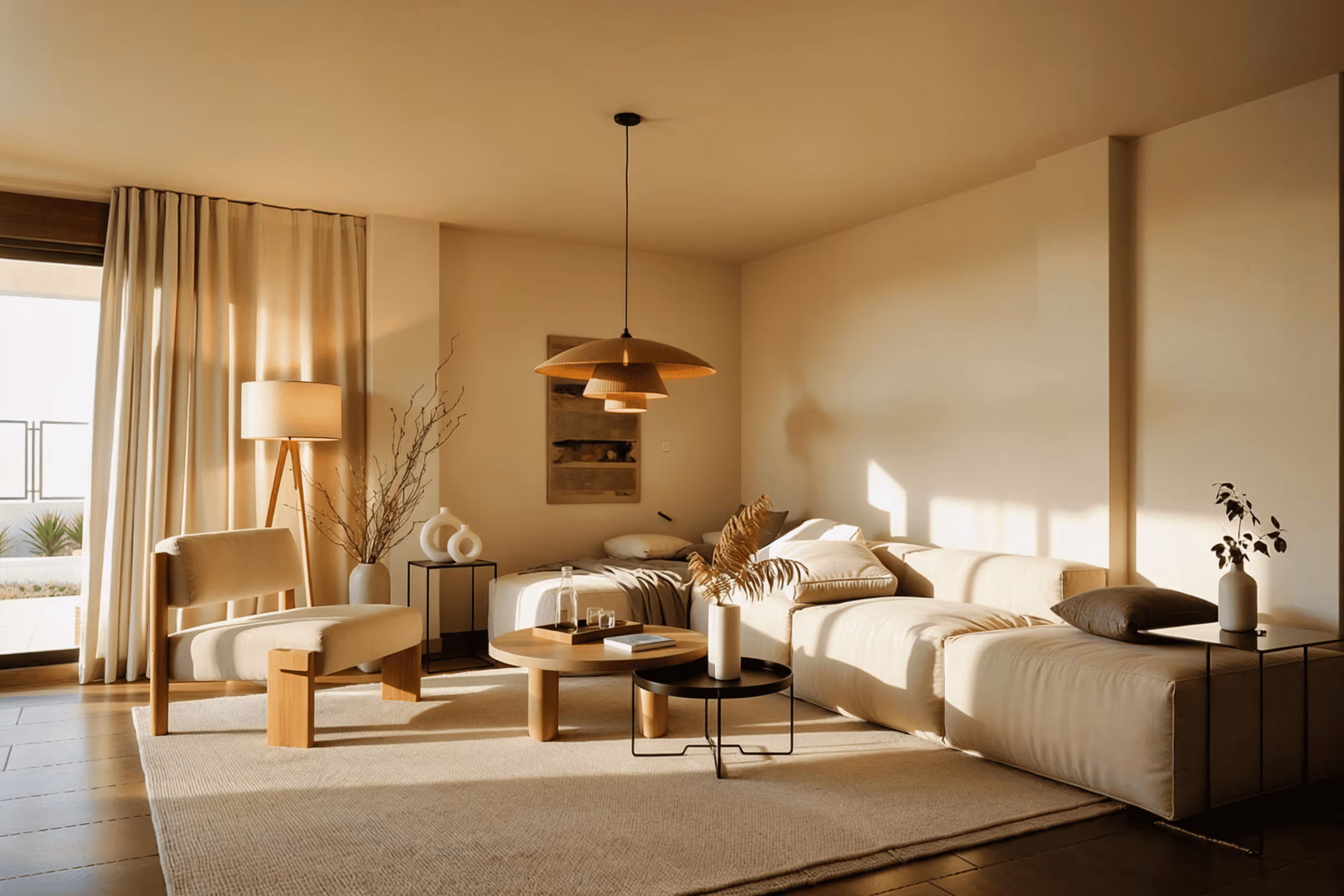 Sala de estar iluminada pelo sol com sofá grande bege, cadeira de madeira e mesas de centro redondas com decoração minimalista.