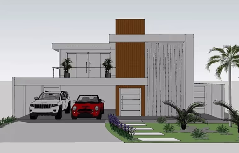 Renderização frontal de casa moderna de dois andares com duas vagas de garagem, um carro branco e um vermelho, jardim com plantas e palmeiras.