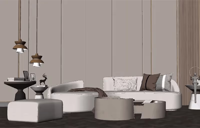 Sala de estar moderna com sofá branco, mesa de centro cinza, almofadas marrons e brancas, luminárias pendentes e decoração minimalista.