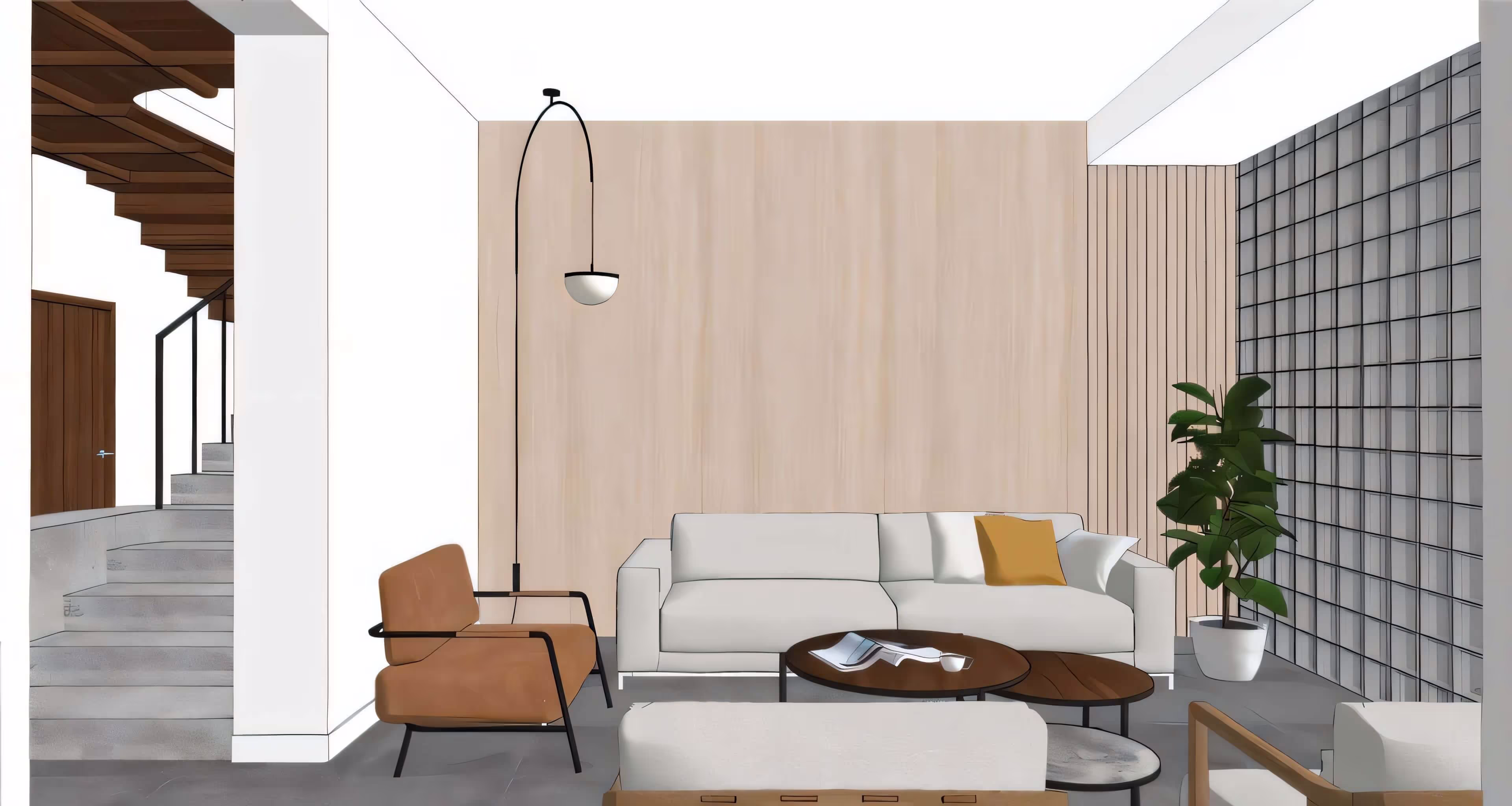 Sala de estar moderna com sofá branco, poltrona marrom, mesa de centro redonda, planta em vaso e parede com painéis de vidro.