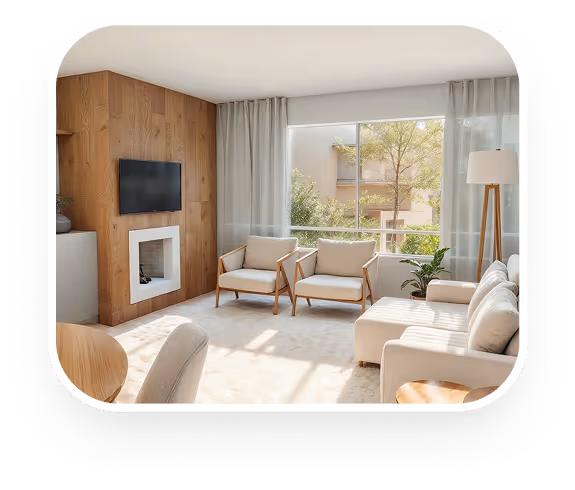 Sala de estar moderna com TV na parede de madeira, sofá branco, duas poltronas, grande janela e luminária de pé.