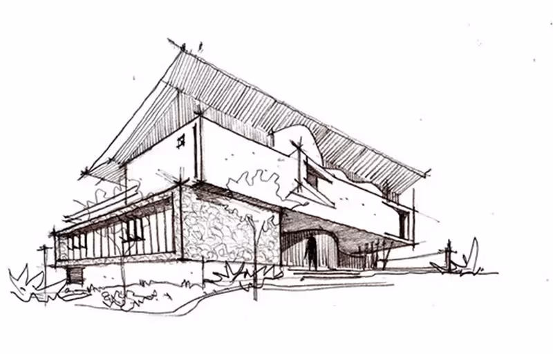 Desenho em lápis em perspectiva de uma casa moderna com telhado inclinado, janelas amplas e área de entrada coberta.