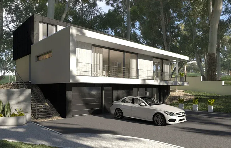Casa moderna de dois andares com garagem preta e varanda com vidro, com um carro branco estacionado em frente.