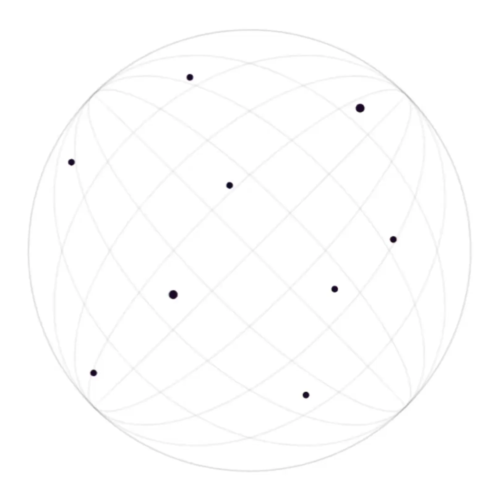 Esfera translúcida com linhas cinzas intersectadas formando uma grade e pontos pretos distribuídos na superfície.