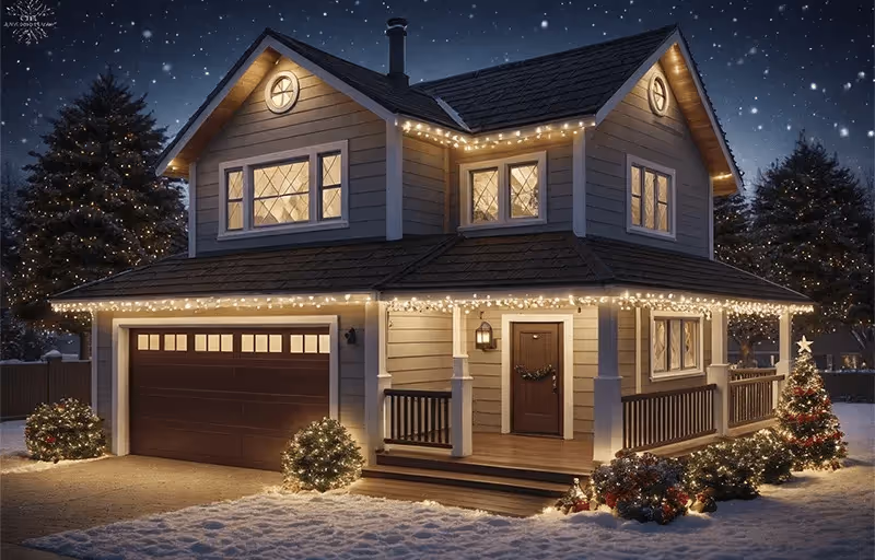 Casa de dois andares decorada com luzes natalinas e árvore de Natal iluminada na varanda, cercada por neve à noite.