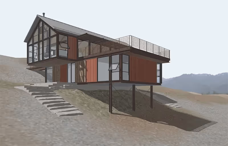 Casa moderna com amplas janelas de vidro construída em uma encosta, com vista para montanhas ao fundo.
