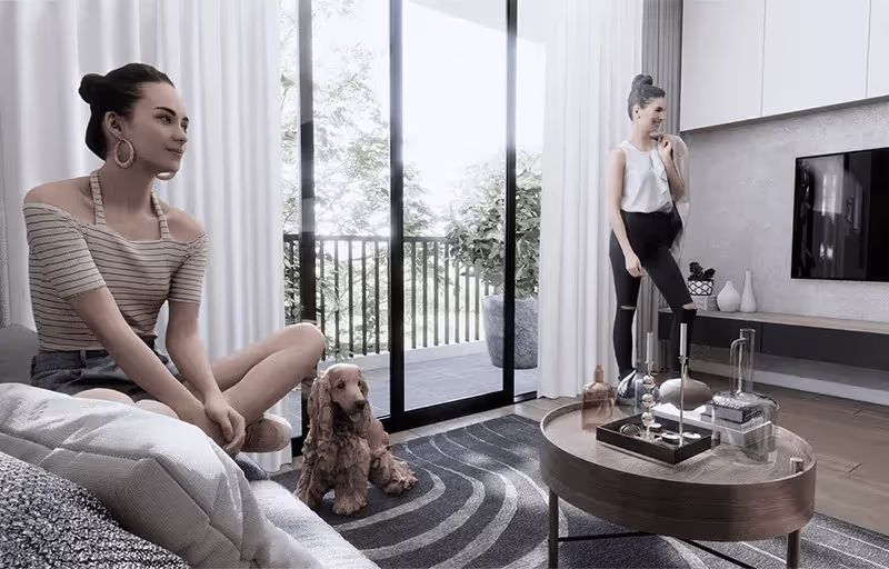 Duas mulheres em uma sala moderna e iluminada com tapete cinza e mesa redonda de centro; um cachorro está no chão perto da porta de vidro para a varanda.