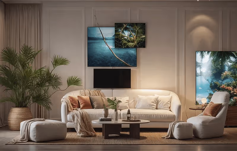 Sala de estar moderna com sofá branco, poltrona, mesa de centro com decoração, plantas e quadros de paisagens tropicais na parede.