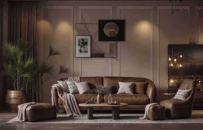 Sala de estar elegante com sofá de couro marrom, almofadas, manta, mesa de centro de madeira, poltrona, puff e planta em vaso ao lado.