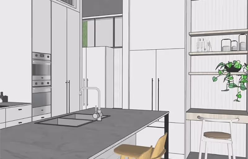 Modelo de cozinha moderna com armários brancos, bancada cinza com pia e bancos, e prateleiras de parede com plantas e itens decorativos.