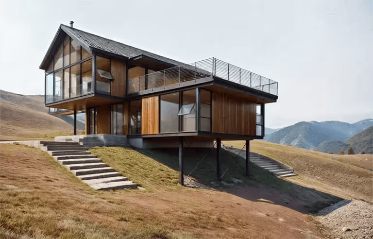 Casa moderna de madeira e vidro construída sobre pilares em uma colina com montanhas ao fundo.