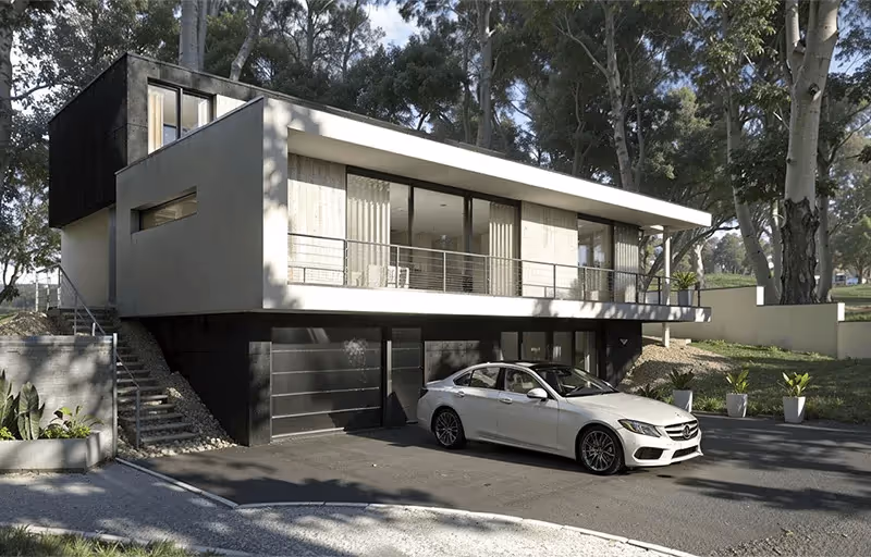 Casa moderna de dois andares com garagem preta no piso inferior e carro branco estacionado na entrada.