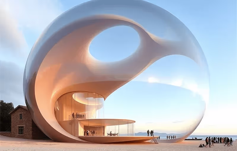 Estrutura arquitetônica futurista em forma de esfera com superfície branca e janelas de vidro, iluminada pelo pôr do sol, situada próxima ao mar com pessoas ao redor.