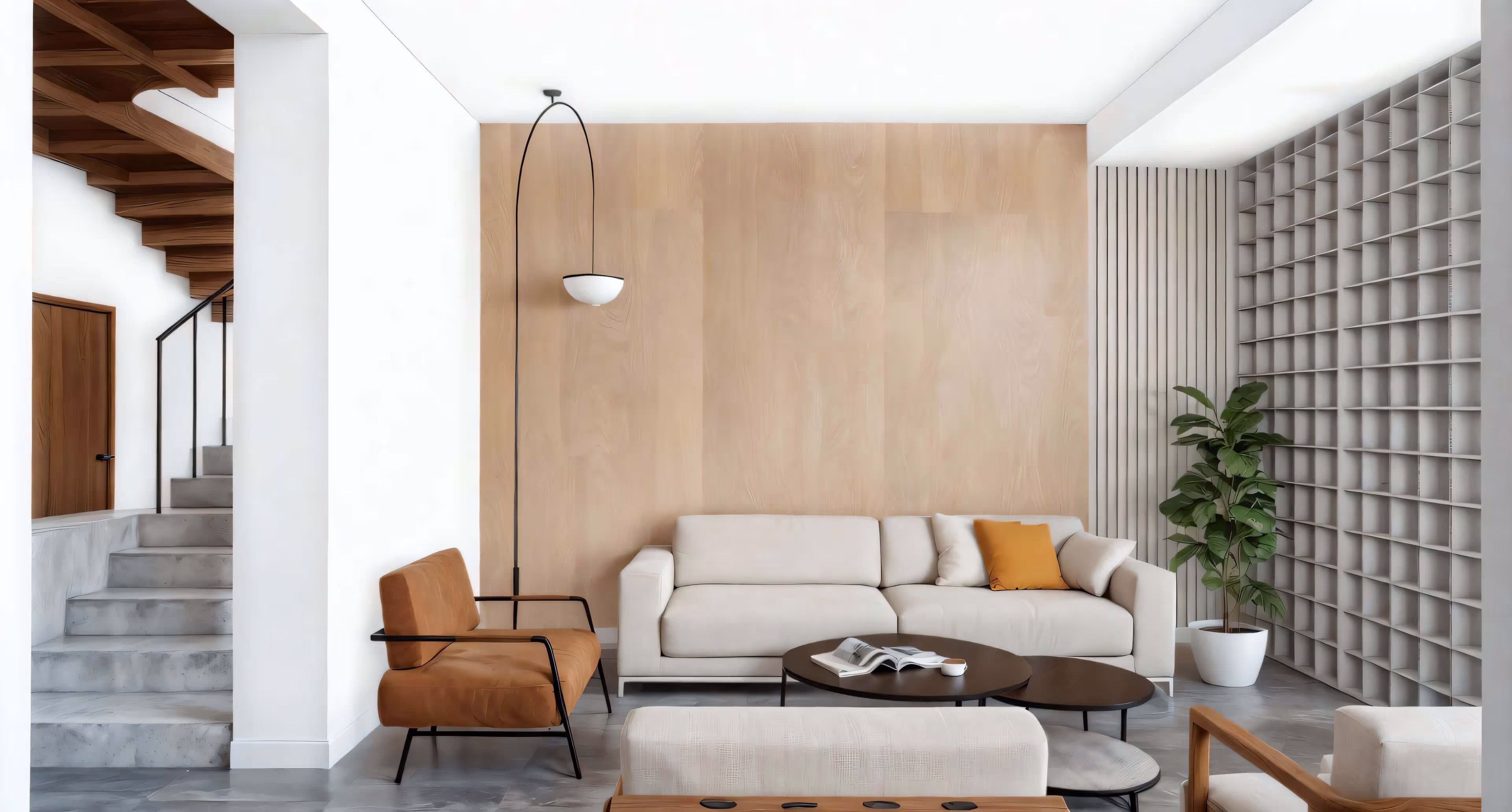 Sala de estar moderna com sofá branco, poltrona marrom, mesa de centro preta, planta em vaso branco e estante vazia na parede.