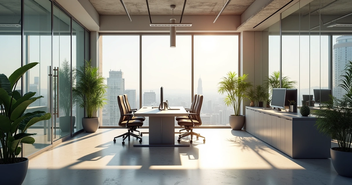 Escritório corporativo fotorrealista renderizado com luz natural 