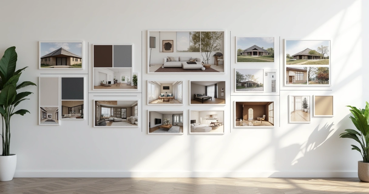 Moodboard visualmente harmônico com imagens, cores e materiais variados 