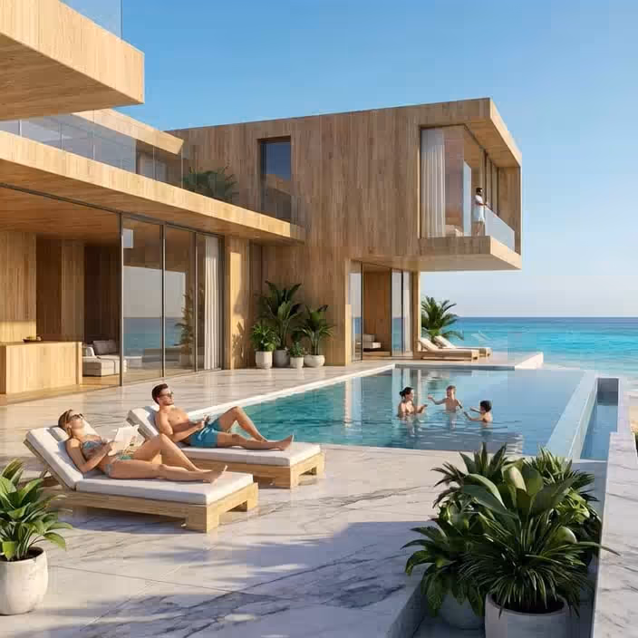 Piscina de borda infinita em casa moderna de madeira com pessoas nadando e duas pessoas relaxando em espreguiçadeiras ao sol.