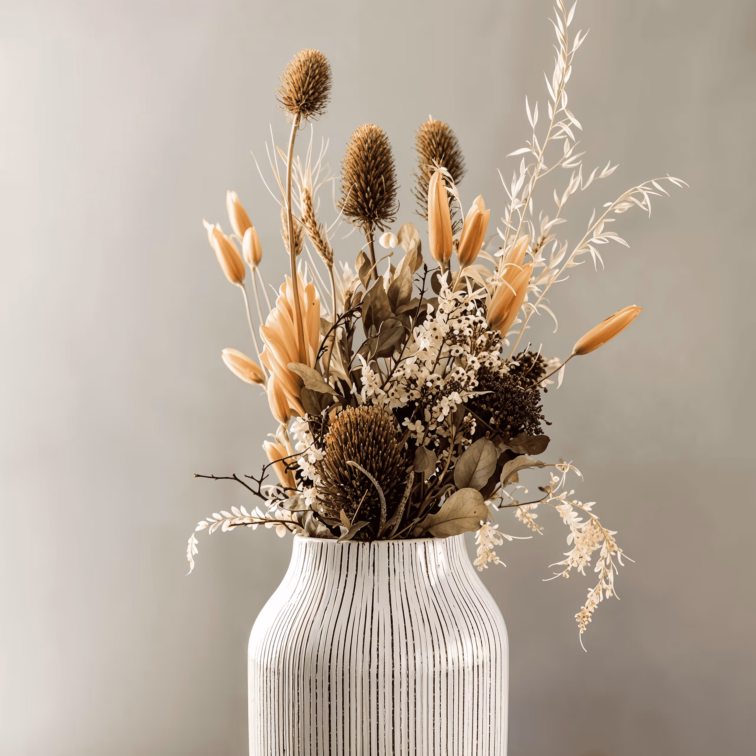 Arranjo de flores secas em tons terrosos dentro de um vaso branco listrado.