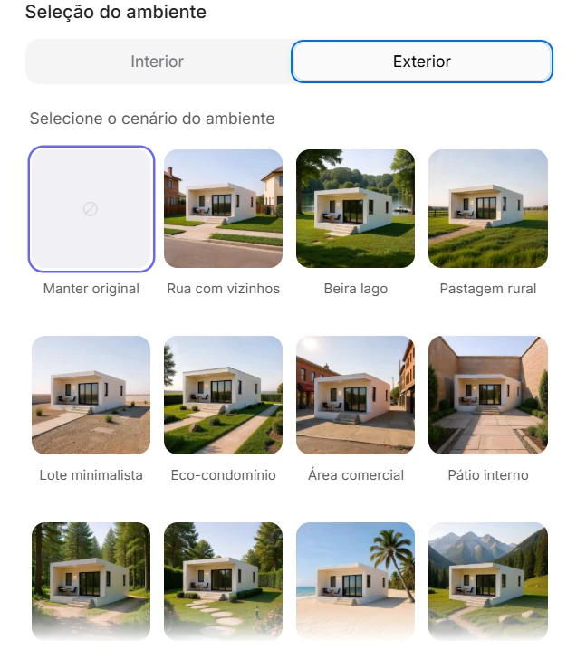 Interface do Redraw com seleção visual de ambiente