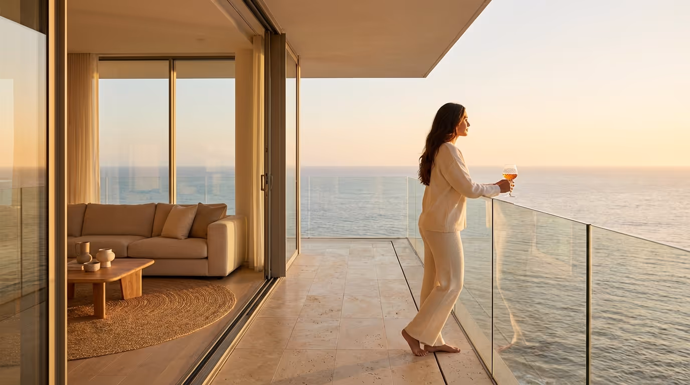 Mulher de pijama claro segurando uma taça de bebida e contemplando o mar ao pôr do sol na varanda de um apartamento com sofá e mesa de centro.