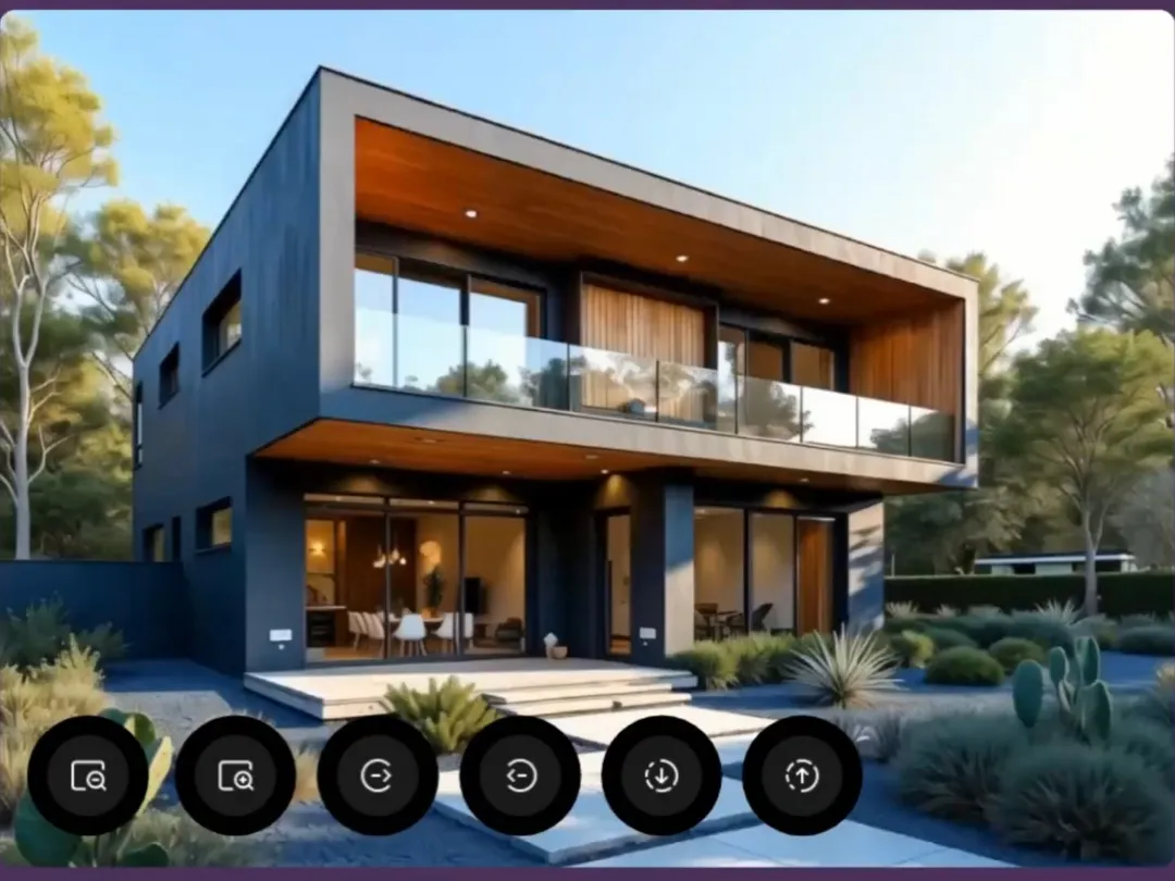 Casa moderna de dois andares com fachada escura, varanda com vidro no andar superior e jardim com plantas diversas.