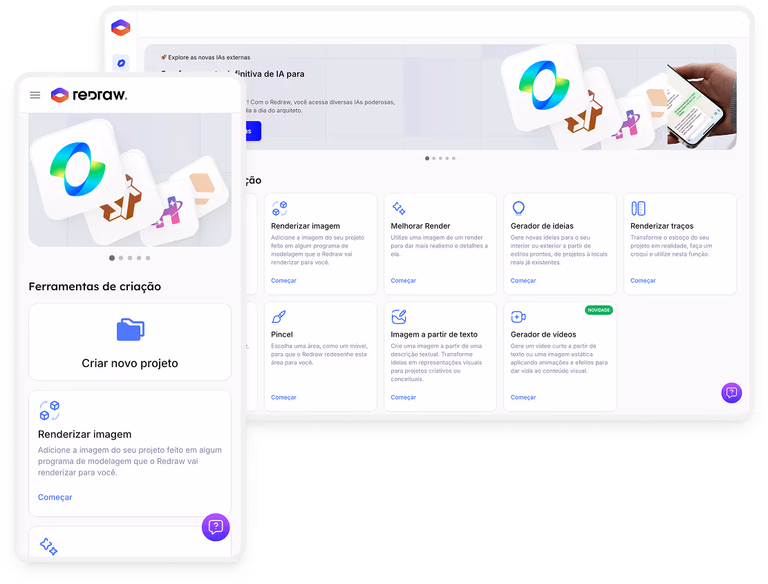 Interface do aplicativo Redraw exibindo opções de criação de projeto e ferramentas de renderização, ideias e edição em telas de desktop e celular.