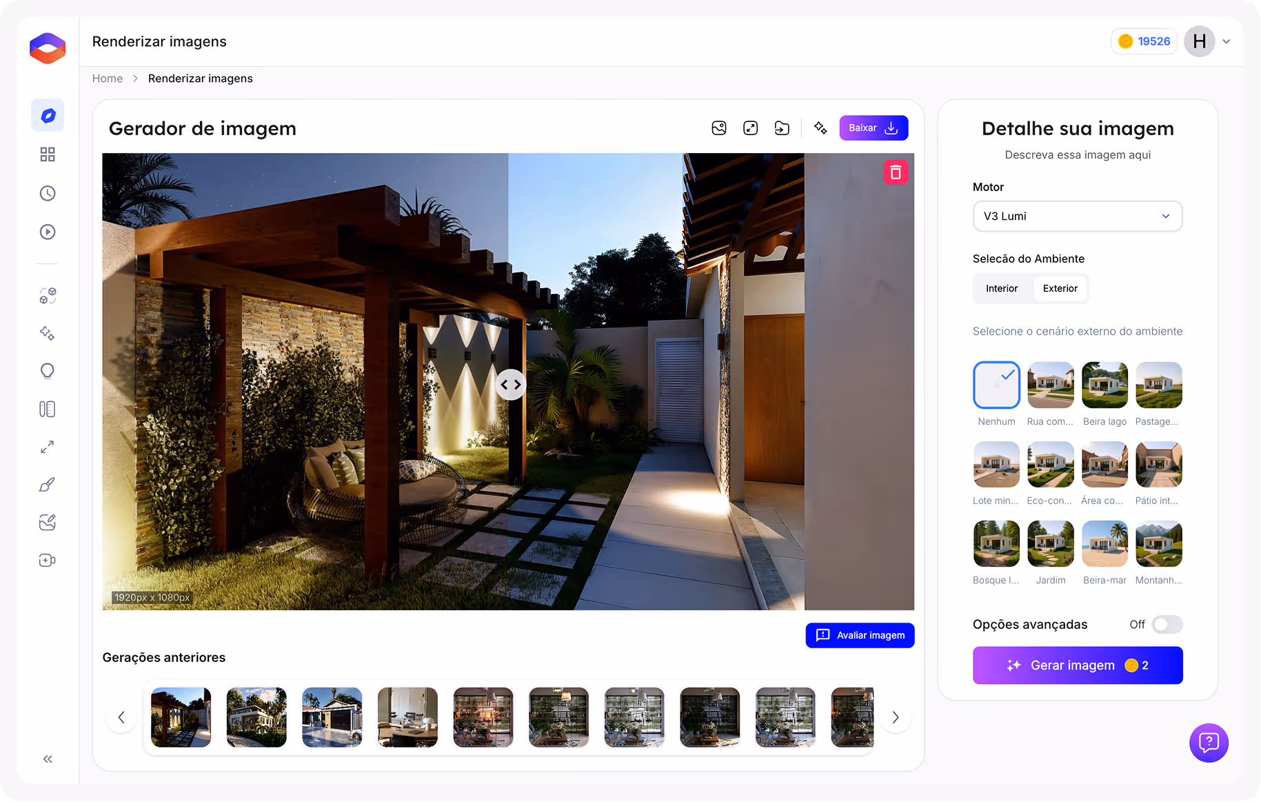 Interface de software de renderização de imagens mostrando área externa com pergolado de madeira, cadeiras e jardim iluminado à noite.