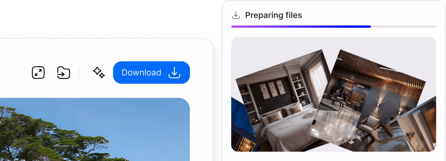 Interface with a blue 'Download' button and a panel showing a progress bar labeled 'Preparing files' above tilted photos of modern interior rooms.