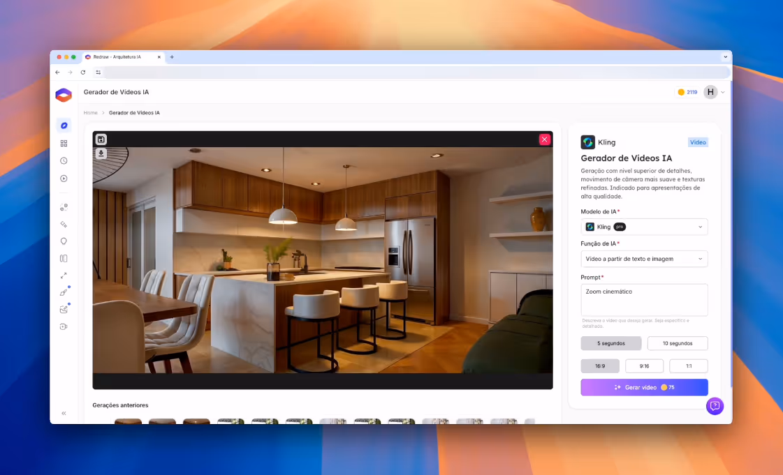 Interface de um gerador de vídeos de IA exibindo uma cozinha moderna com ilha central, cadeiras altas e iluminação pendente.