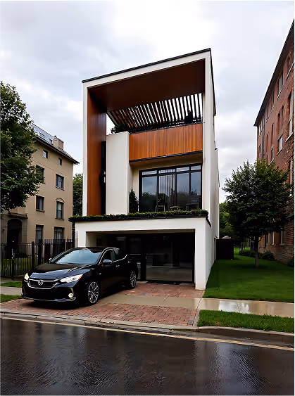 Casa moderna e estreita com varanda coberta de madeira e carro preto estacionado na garagem.